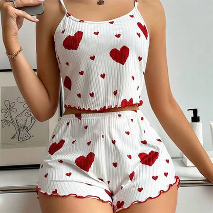 Elevate Your Comfort: Women's 2-Piece Short Tank Top and Shorts Pajama Set in White with Love Print