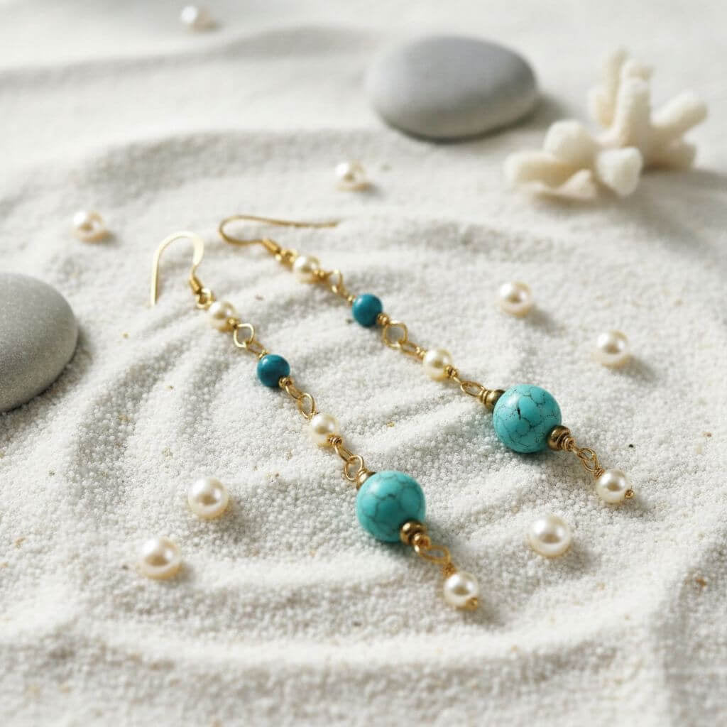 Stunning Long 14K Gold Filled Turquoise and Pearl Earrings for Effortless Elegance