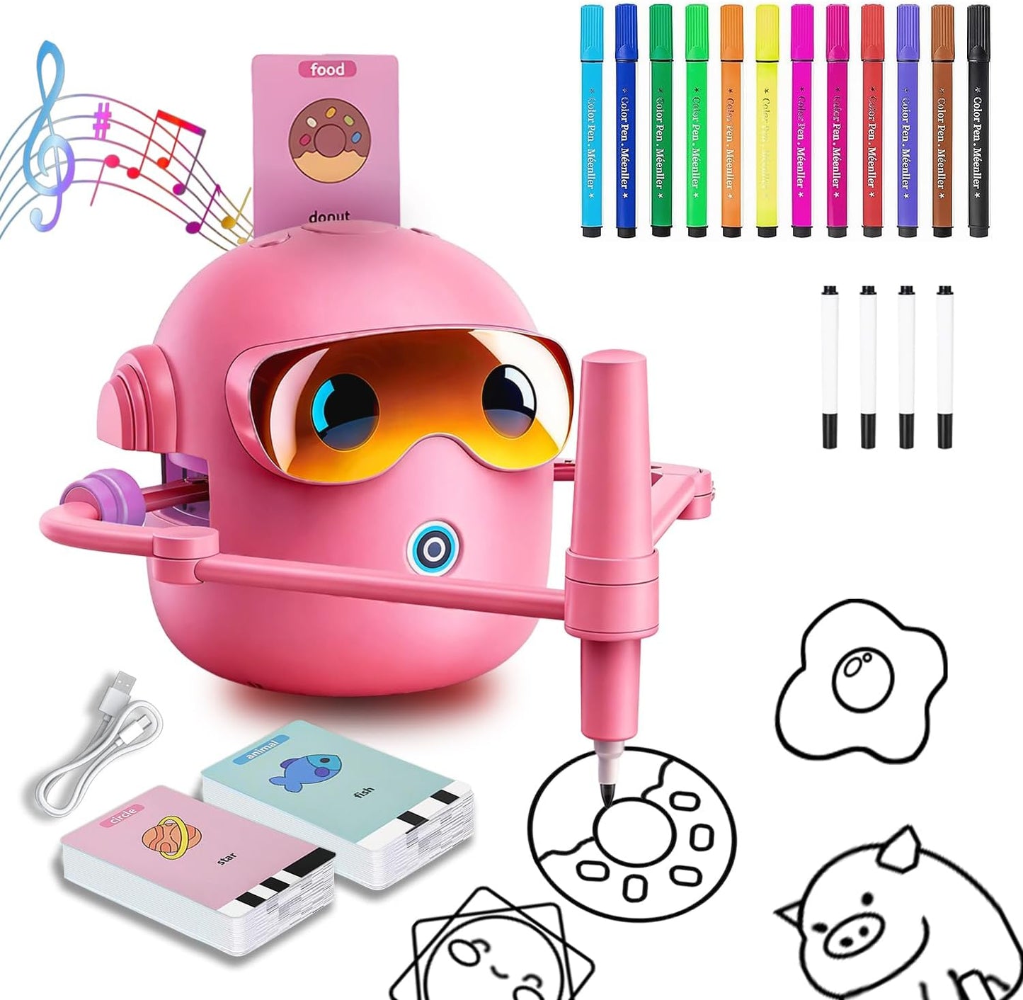 Unleash your Children's Creativity with the Pink Drawing Robot Set - 100 Themed Cards, 12 Vibrant Pens & 4 Paintbrushes