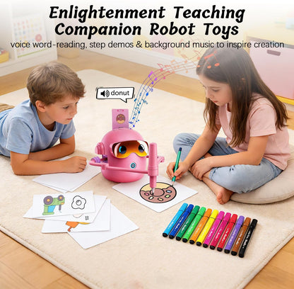 Unleash your Children's Creativity with the Pink Drawing Robot Set - 100 Themed Cards, 12 Vibrant Pens & 4 Paintbrushes