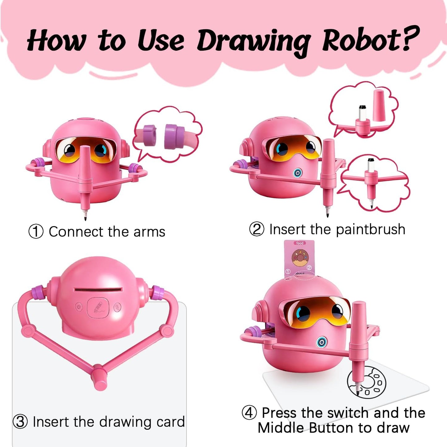 Unleash your Children's Creativity with the Pink Drawing Robot Set - 100 Themed Cards, 12 Vibrant Pens & 4 Paintbrushes