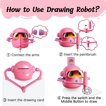 Unleash your Children's Creativity with the Pink Drawing Robot Set - 100 Themed Cards, 12 Vibrant Pens & 4 Paintbrushes