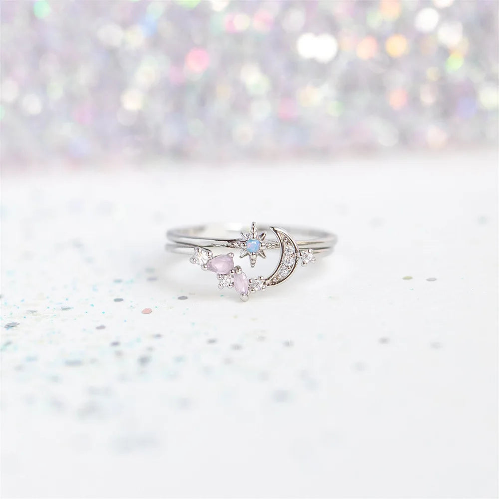 Elevate Your Style with the New Ins Copper Plated 18K Moon Ring - A Vintage-Inspired Adjustable Ring Set for Women and Girls