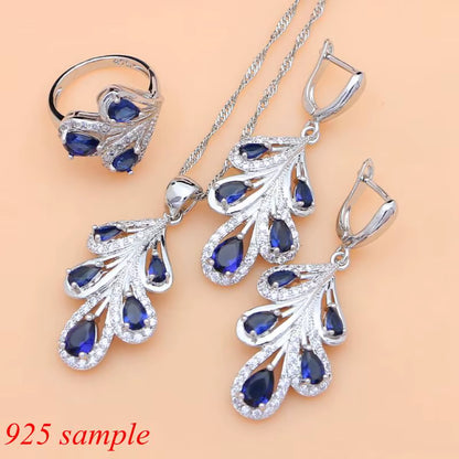 Exquisite 925 Sterling Silver Jewelry Set with Blue Sapphire and White Crystal - Elegant Bridal Collection for Women