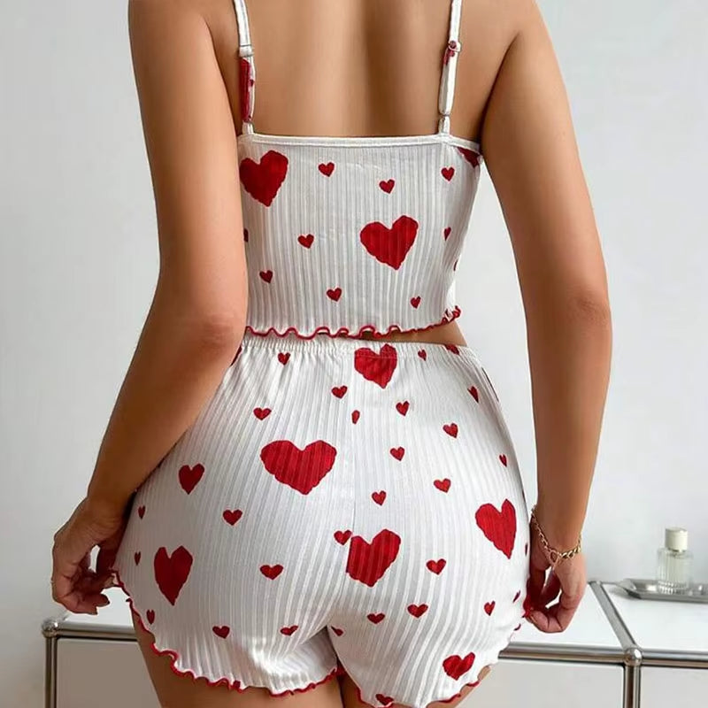 Elevate Your Comfort: Women's 2-Piece Short Tank Top and Shorts Pajama Set in White with Love Print