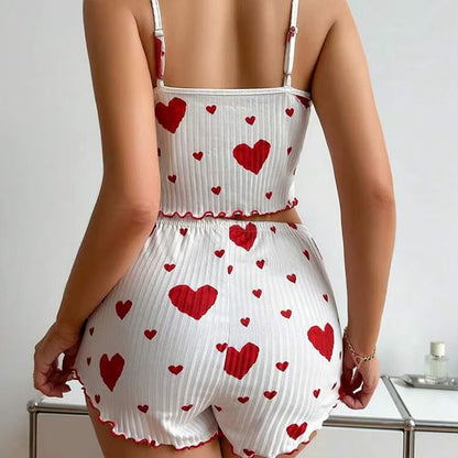 Elevate Your Comfort: Women's 2-Piece Short Tank Top and Shorts Pajama Set in White with Love Print