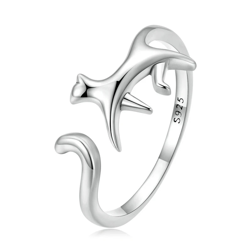 Charming 100% 925 Sterling Silver Cat Open Ring - A Trendy Animal-Inspired Jewelry Gift for Women