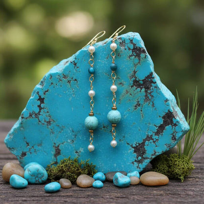 Stunning Long 14K Gold Filled Turquoise and Pearl Earrings for Effortless Elegance