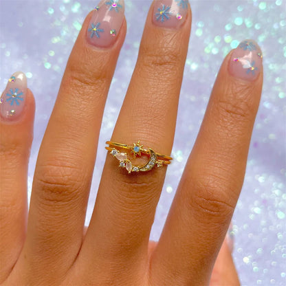 Elevate Your Style with the New Ins Copper Plated 18K Moon Ring - A Vintage-Inspired Adjustable Ring Set for Women and Girls