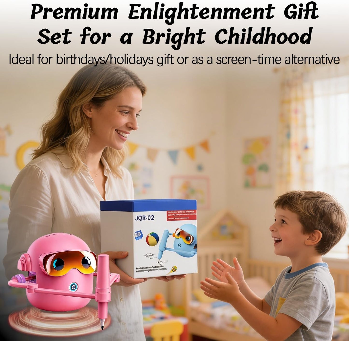Unleash your Children's Creativity with the Pink Drawing Robot Set - 100 Themed Cards, 12 Vibrant Pens & 4 Paintbrushes